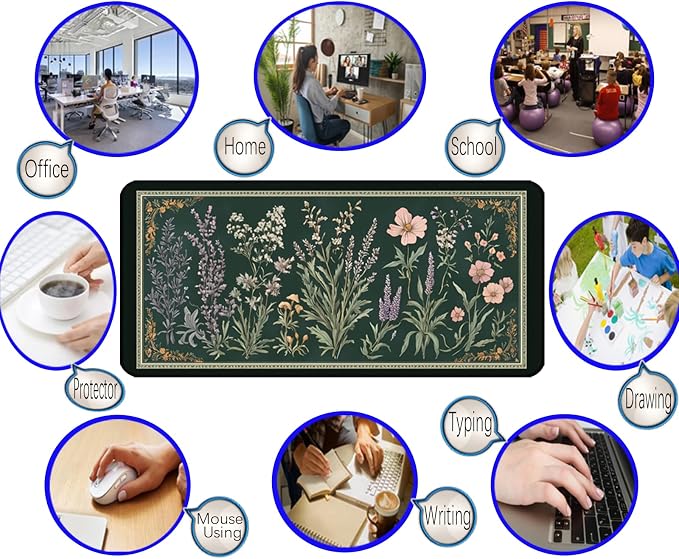 Deep Green Retro Desk Pad, Plant Flower Mouse Pad XXL, Large Gaming Mouse Mat - Image 5