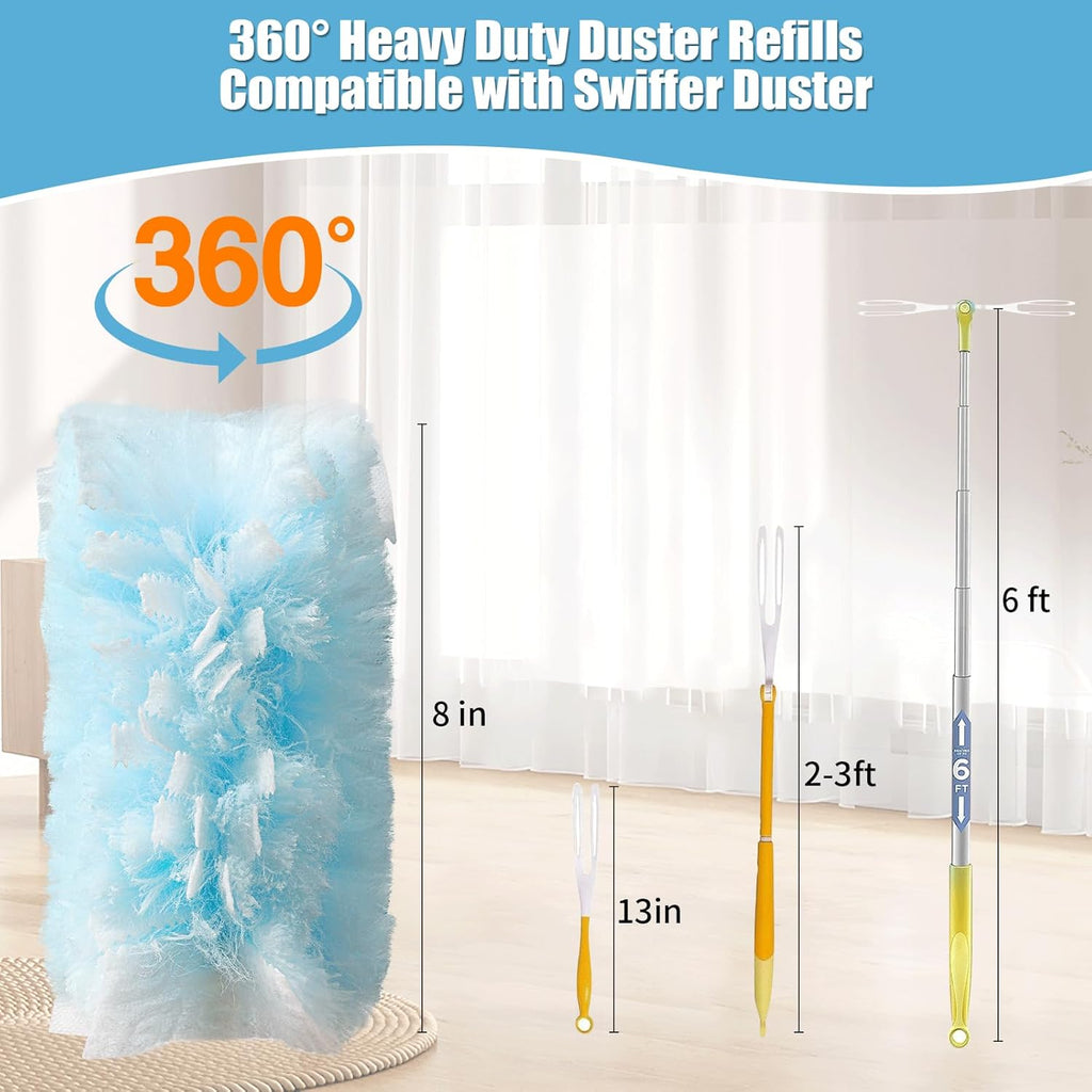 60 Count 360° Heavy Duty Duster Refills Compatible with Swiffer,Large Size-Extra Thick Disposable Electrostatic Duster Refill with 1 Retractable Handle(35-inch Length Fully expanded)