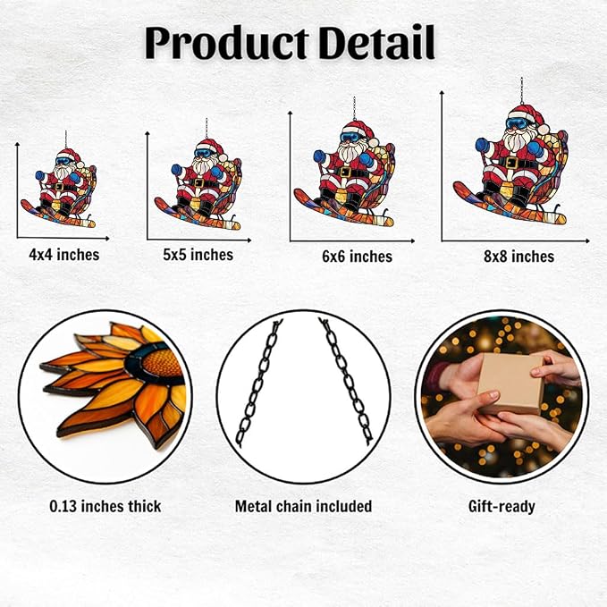 Funny Santa Claus Skiing Acrylic Suncatcher Stained Glass Effect Window Car - Image 2