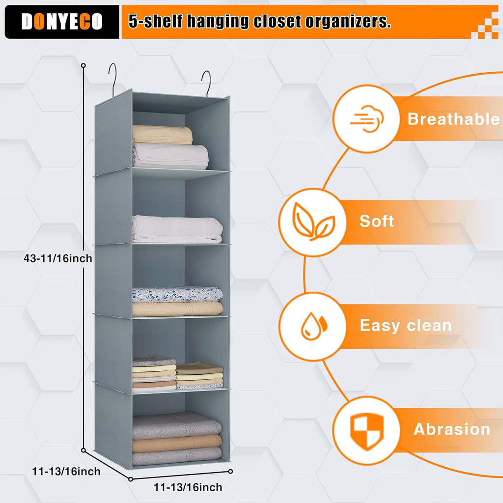Hanging Closet Organizer 5-Shelf, Easy Mount Foldable Wardrobe Storage Shelves, Clothes Handbag Shoes Accessories, Washable Oxford Cloth Fabric, Gray