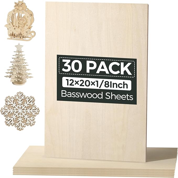 30 Pack Basswood Sheets, Smooth Surface, Uniform Thickness, No Burrs, No Warping by 3MMBasswoodForLaserCutting