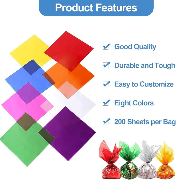 200 Pcs Colored Cellophane Sheets, Cellophane Wrap Paper Color Cello Sheets - Image 2