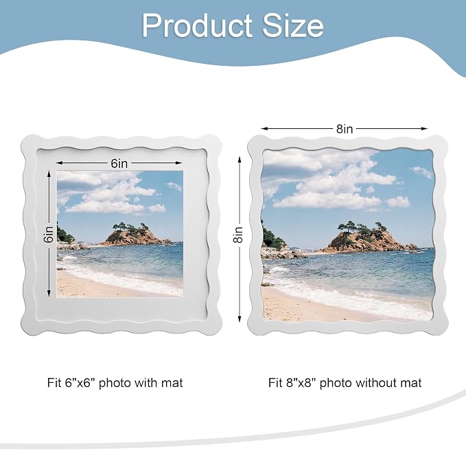 8x8 Picture Frame with Mat for 6x6, Wavy Edge Wooden Real Glass Photo Frame for - Image 3