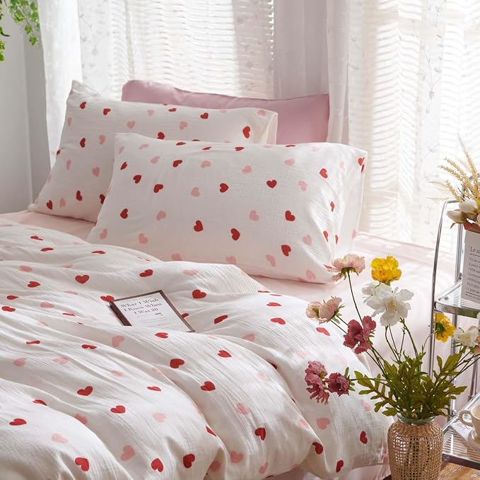 Nayoroom Heart Duvet Cover Full Size Red Pink Hearts Printed on White Coquette - Image 3