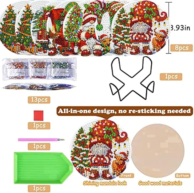 8 Pack Diamond Art Coasters, Christmas Gnome Diamond Painting Coasters Kits | - Image 2