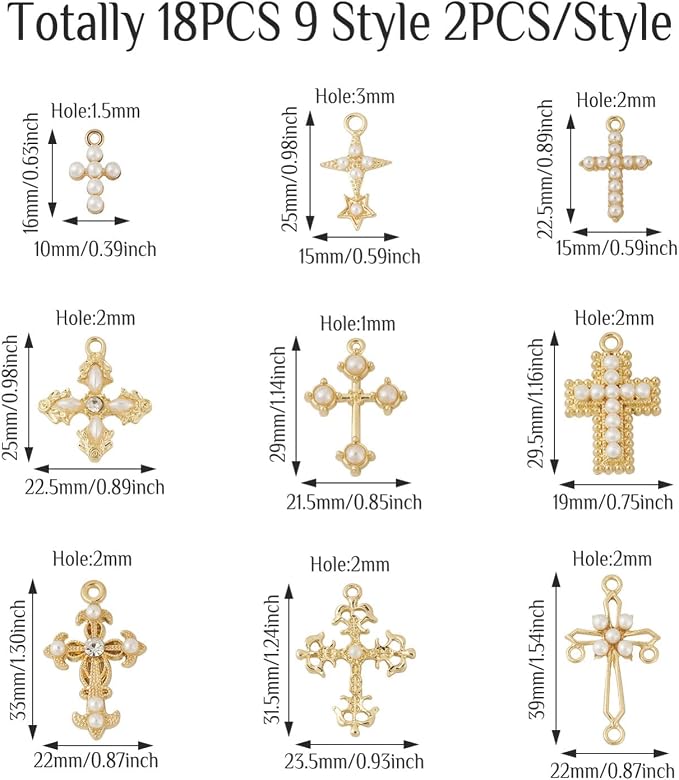 Cheriswelry 18Pcs Cross Metal Charms Light Gold Pearl Rhinestone Pendants Alloy - Image 2