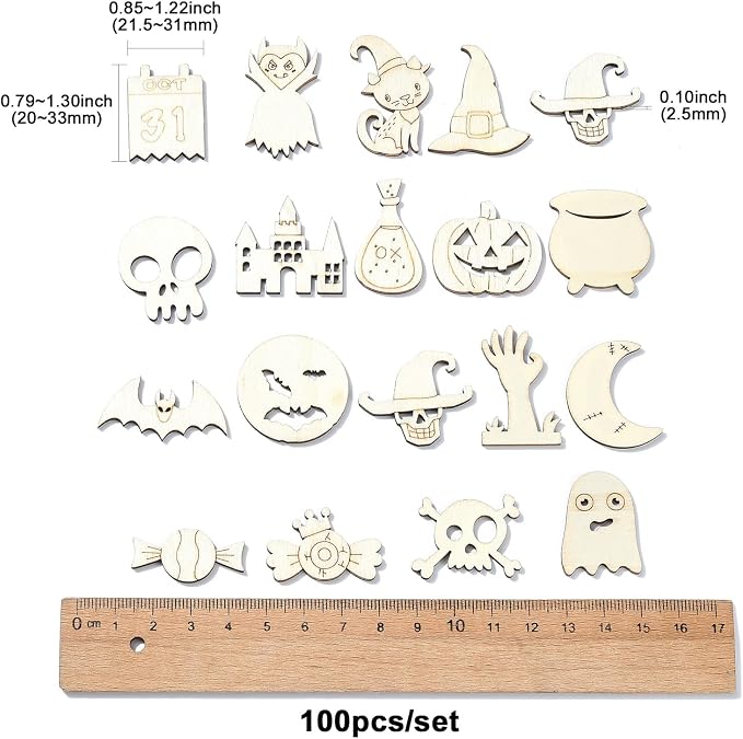 LiQunSweet 200 Pcs Mixed Styles Halloween Theme Unfinished Wood Cutout Pumpkin - Image 2