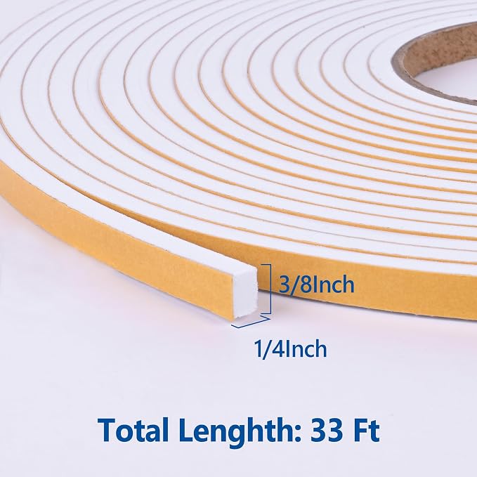 Kikerike Self Adhesive Foam Tape Weatherstrip 3/8in x 1/4in x 33Ft High Density - Image 2