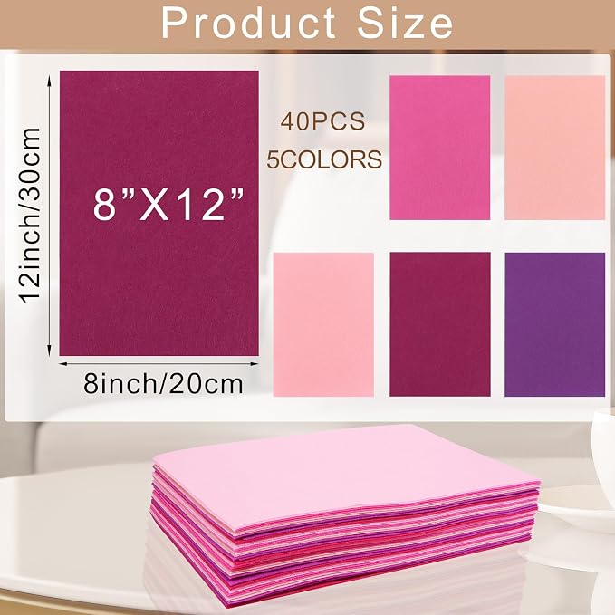 40 Pcs Stiff Felt Fabric Sheet for Crafts, 1mm Thick and 8”x12”Pink Series Felt - Image 2