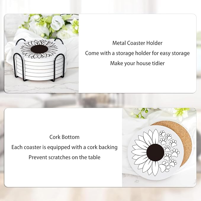 6 Absorbent Ceramic Tiles with Cork Base, Paint Your Own Sunflower Coaster | - Image 6