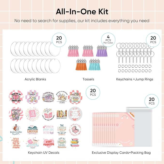 YOPPIX 140 PCS Acrylic Keychain Blank Set, Book Double-Sided UV DTF Stickers - Image 3