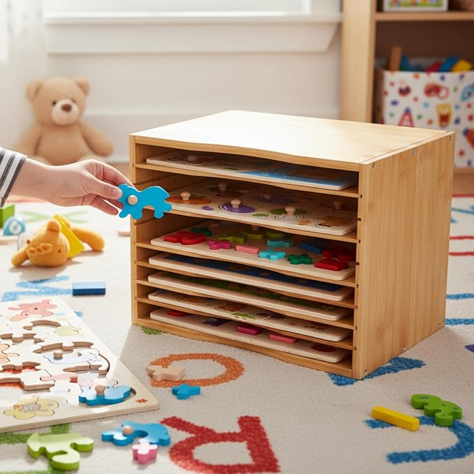 Ripeng 2 Pack Bamboo Puzzle Holder Rack, 7-Tier Adjustable Storage Organizer - Image 2