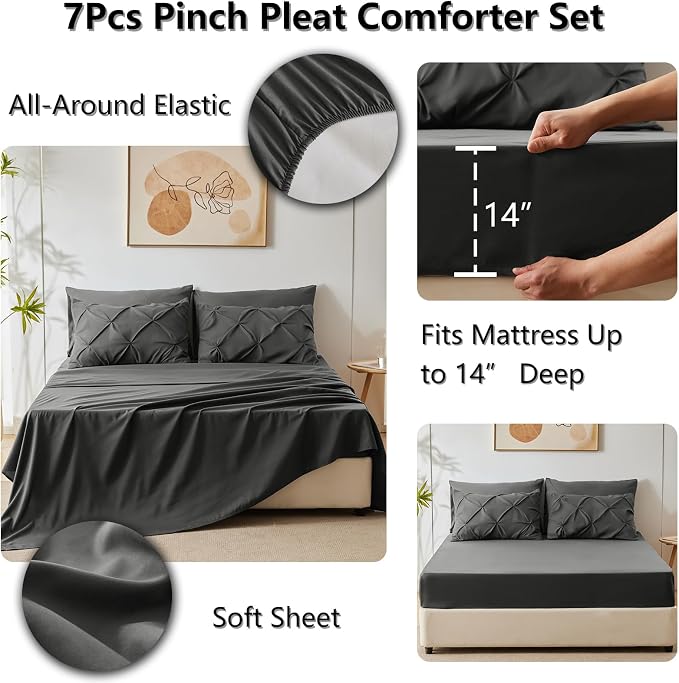 HIMEET Pintuck Bed in a Bag, 7 Pieces King Size Comforter Set Dark Grey - Image 6
