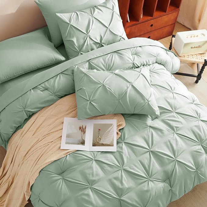 CozyLux Twin XL Comforter Set Sage Green, 5 Pieces Twin Extra Long Pintuck Bed - Image 4