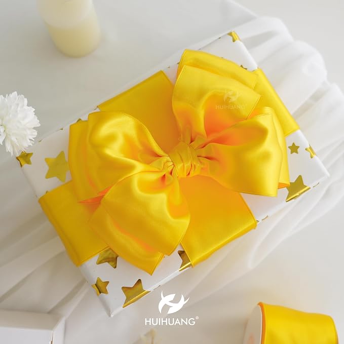 HUIHUANG Yellow Wired Ribbon 2.5 inch Yellow Satin Wire Edge Ribbon - Image 5