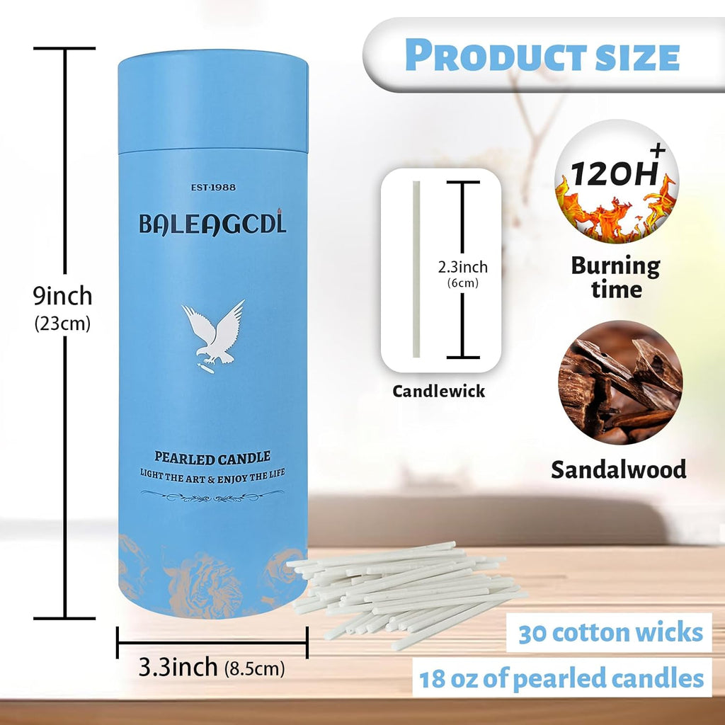 Sandalwood Scented White Pearled Candle 18oz Luxury Sand Candle Granulated Wax - 30 Cotton Wicks – Wax for Candle Making Decorative Candles Smooth and Clean Burning Lasts up to 120 Hours