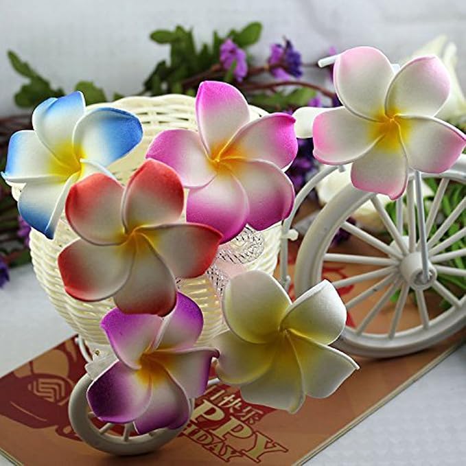 Pursuestar 100Pcs Mixed Colors Foam Hawaiian Frangipani Artificial Plumeria - Image 4