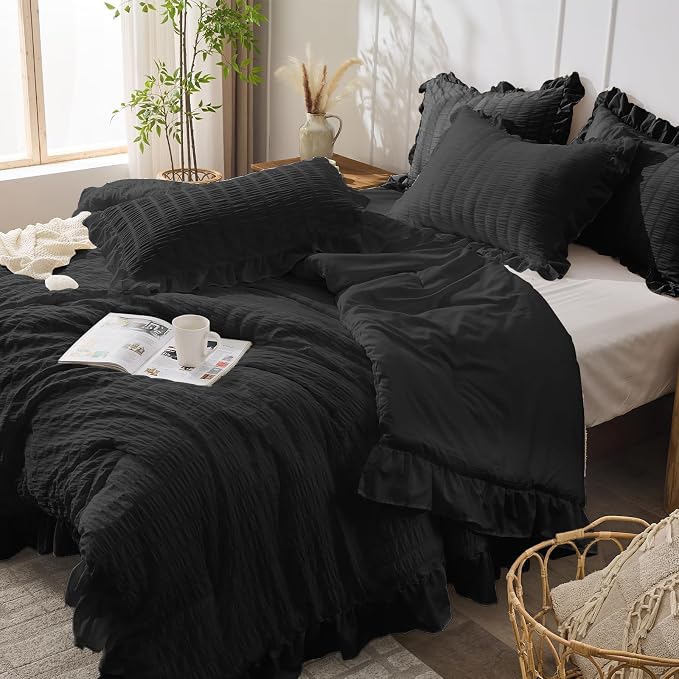 JOLLYVOGUE Black King Comforter Set, 3 Pieces Seersucker Comforters King Size - Image 7