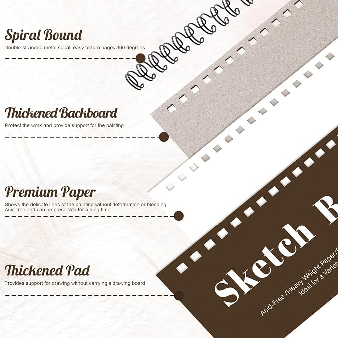 12 Pack Sketch Book, 9 x 12 Inch Sketchbook, 68lb/100gsm Top Spiral Bound - Image 3