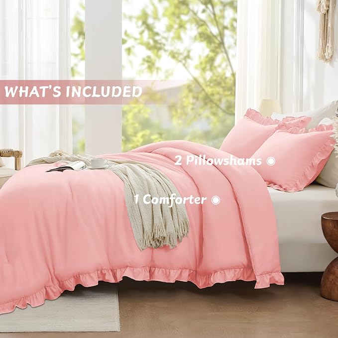 FUANNA King Size Comforter Set Pink, 3 Pieces Ruffle King Bedding Set, Fluffy - Image 7
