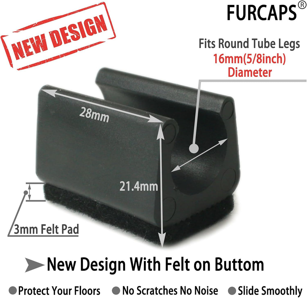 Rectangle U Shaped Chair Leg Tips Cap with Felt Pads,Furniture Feet Protectors Slide Smoothly Glides,Protect Hardwood Floor No Scratches No Noise,Fit 16mm(5/8inch) Diameter Tubular Legs (Black 8PCS)