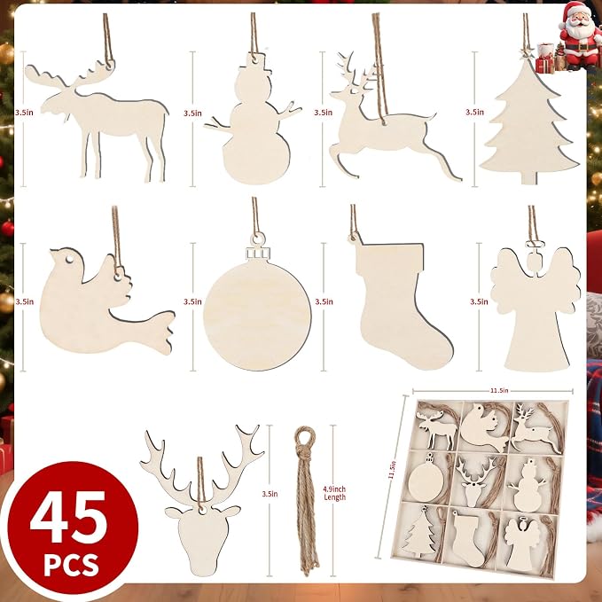 MACTING 45PCS Wooden Christmas Ornaments Unfinished Predrilled Natural Wood - Image 4