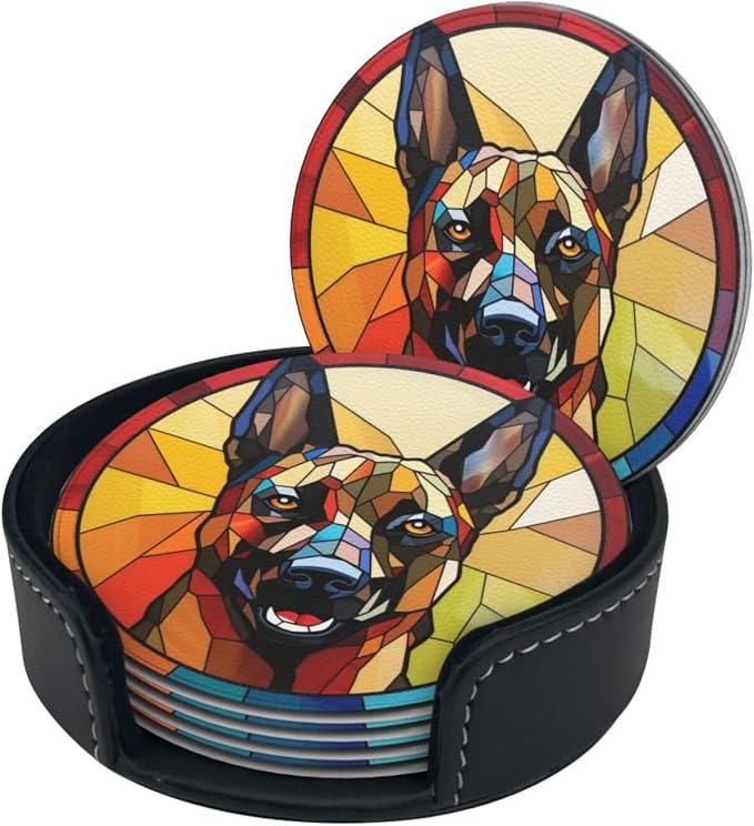 Drink Coaster Set of 6, Belgian Malinois Dog Mom Lover Gift, Leather Drink - Image 2