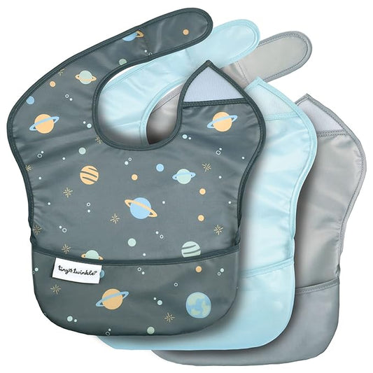Tiny Twinkle Mess Proof Baby Bibs for Eating – Waterproof, Wipeable Toddler Bibs with Pocket – Baby Food Bibs for Girls & Boys(3 Pack, Space)