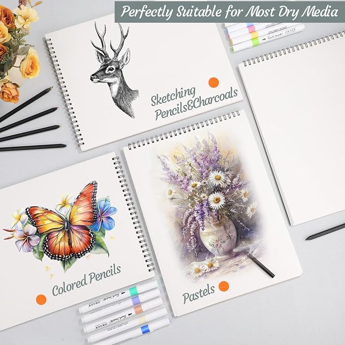 12 Pack Sketch Book, 9 x 12 Inch Sketchbook, 68lb/100gsm Top Spiral Bound - Image 6