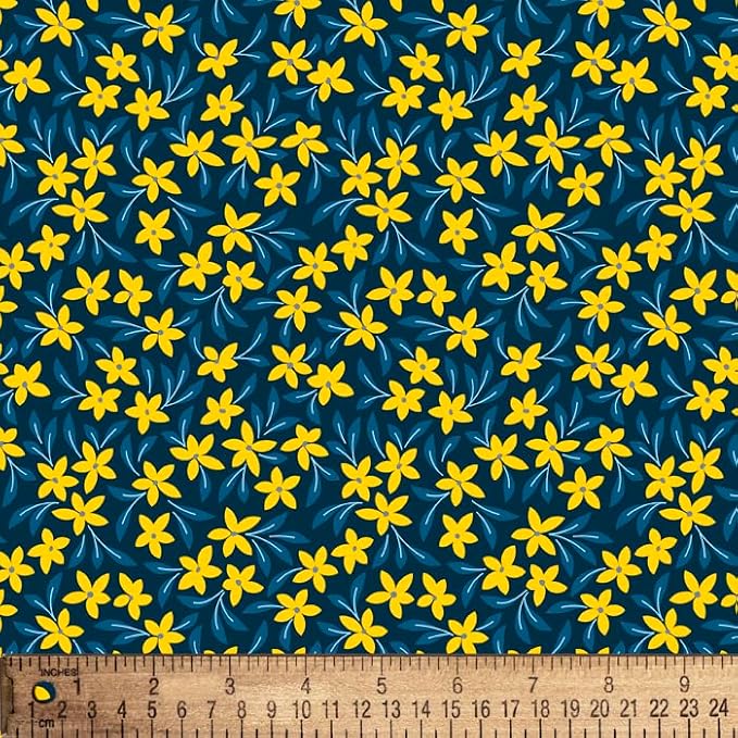 Yellow Flowers Navy Cotton Fabric By the Yard by DavidTextiles