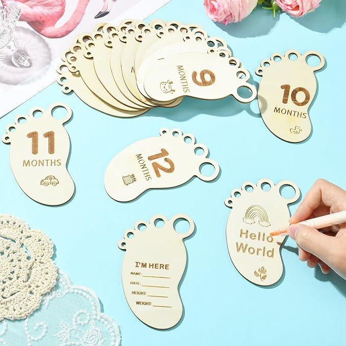 14 pcs Footprint Theme Unfinished Wooden Cutout Charms Baby Newborn Wood Cutouts - Image 5