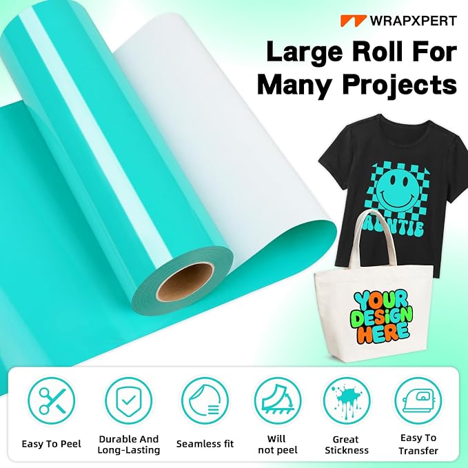 WRAPXPERT HTV Heat Transfer Vinyl Roll-12 x35ft Bright Teal Iron On Vinyl - Image 2