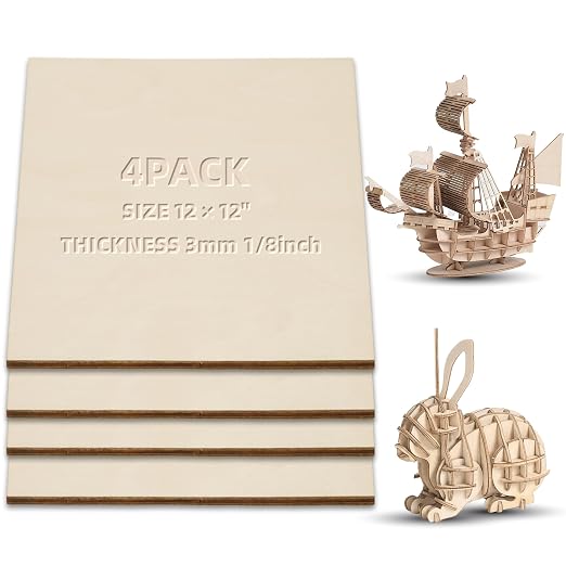 3 mm Baltic Birch Plywood 1/8 x 12 x 12 Inch, 4 Packs Craft Wood, Stronger Than by Unknown
