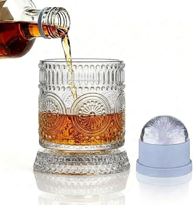 Rotating Whiskey Glass with Large Ice Ball Mold, Single Spinning Crystal by UNOD