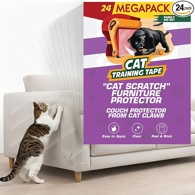 24 Pack Cat Scratch Furniture Protector Tape Sheets – Double-Sided Sticky by PantherArmor