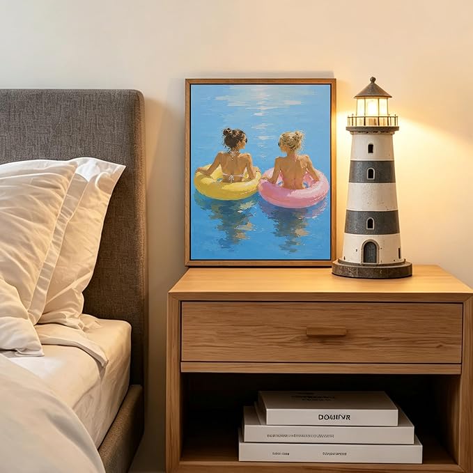 Framed Pastel Beach Float Wall Art Two Women in Colorful Swim Rings on Calm - Image 8