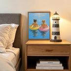 Framed Pastel Beach Float Wall Art Two Women in Colorful Swim Rings on Calm - Image 8