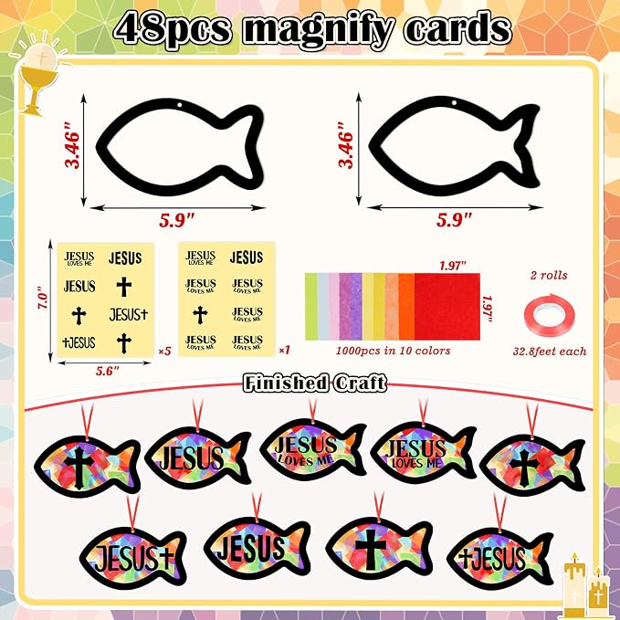 48PCS Sunday School VBS Crafts Bulk: Paper Jesus Fish Nativity Suncatchers - Image 4
