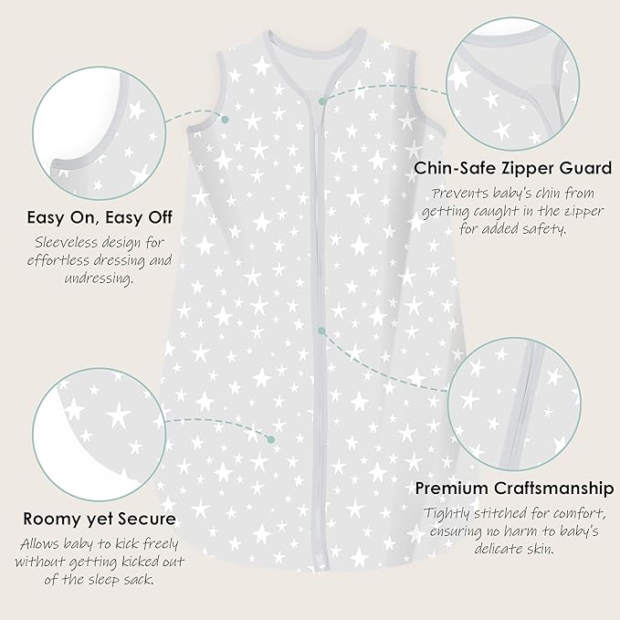 Cute Castle Baby Sleep Sack 18-24 Months - Lightweight 100% Cotton 2-Way Zipper TOG 0.5 Infant Wearable Blanket, Newborn Essentials Toddler Sleep Clothes, 3 Pack(Gray, Letters, Stars)