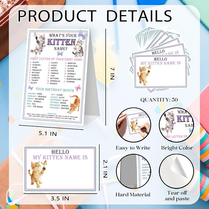 What's Your Kitten Name Game Cards, Birthday Game Supplies, 1 Kitten Name Game - Image 2