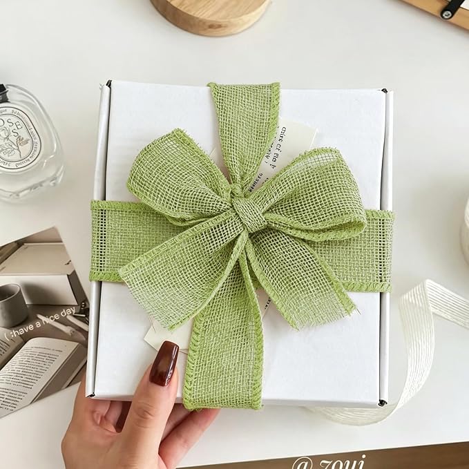 Sage Green Burlap Ribbon 1-1/2 inch X 10 Yard Green Wired Ribbon | Natural - Image 4
