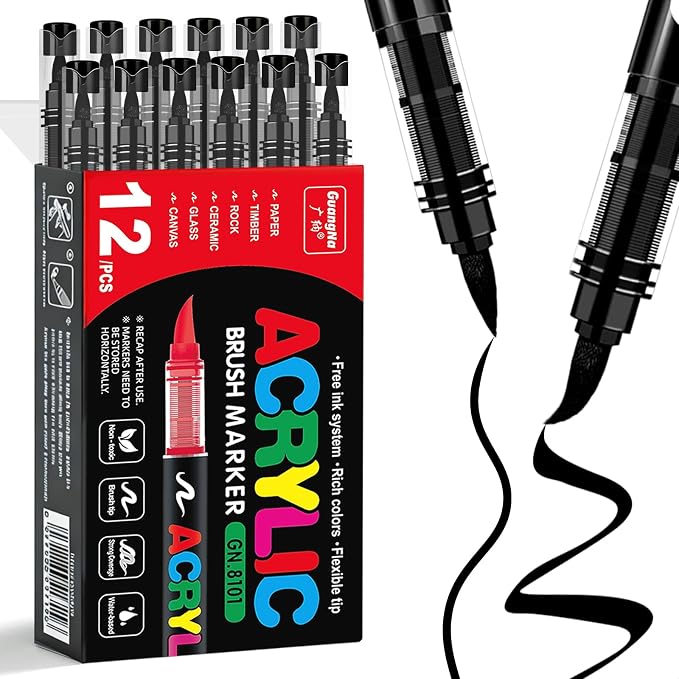 Surcotto 12 PCS Black Acrylic Paint Markers, Soft Brush Tip Acrylic Paint by Surcotto