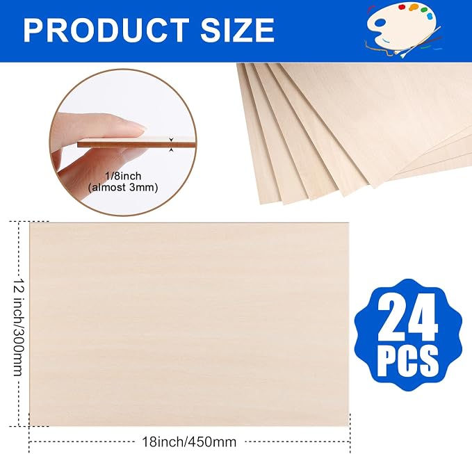 24 Pack Basswood Sheets for Crafts 12x18x1/8 Inch, 3mm Thick Unfinished Plywood - Image 2