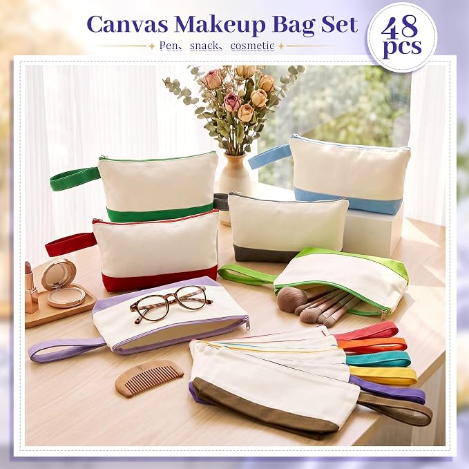 Silkfly 48 Pcs Cotton Canvas Makeup Bags Cosmetic Zipper Bags 10.2 x 5.5 x 2'' - Image 4