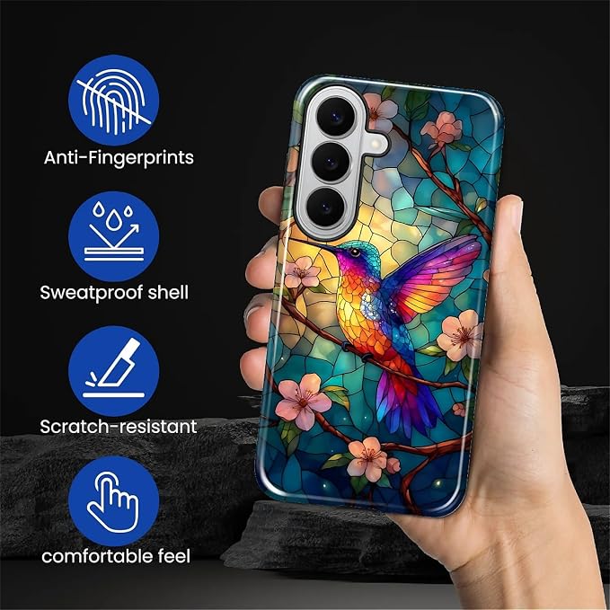 for Samsung Galaxy S26 Case, Stained Glass Hummingbird Pattern Glossy 2 in 1 - Image 6