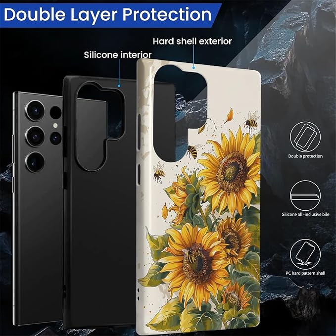 for Samsung Galaxy S23 Ultra Case, Sunflowers Bees Pattern Glossy 2 in 1 - Image 2