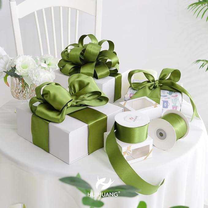 HUIHUANG Olive Green Wired Ribbon 2.5 inch Green Satin Wire Ribbon - Image 3