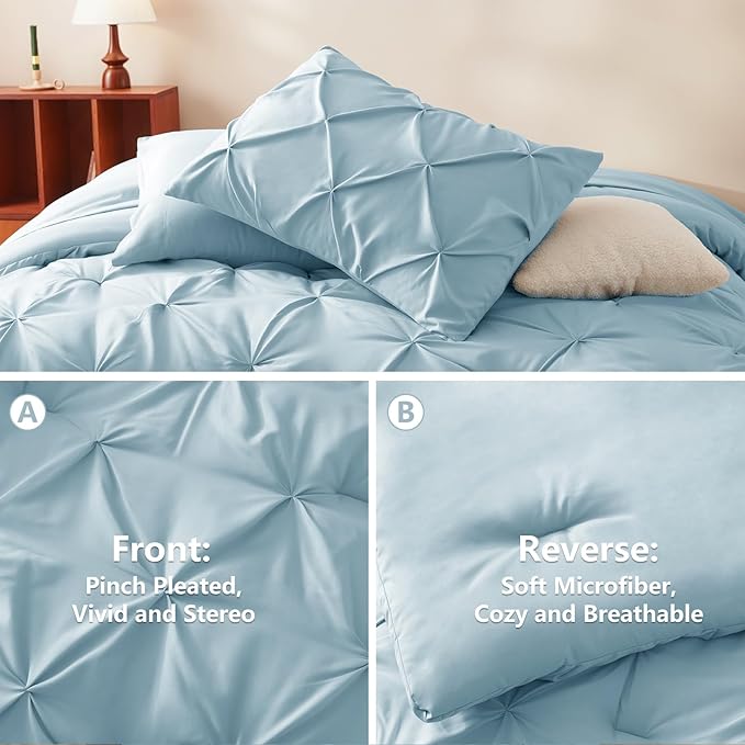 CozyLux Full Size Comforter Sets Light Blue, 7 Pieces Pintuck Bed in A Bag Blue - Image 3