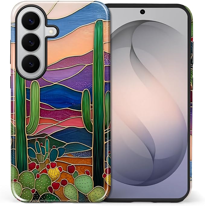for Samsung Galaxy S26 Case, Stained Glass Cactus Pattern Glossy 2 in 1 - Image 2