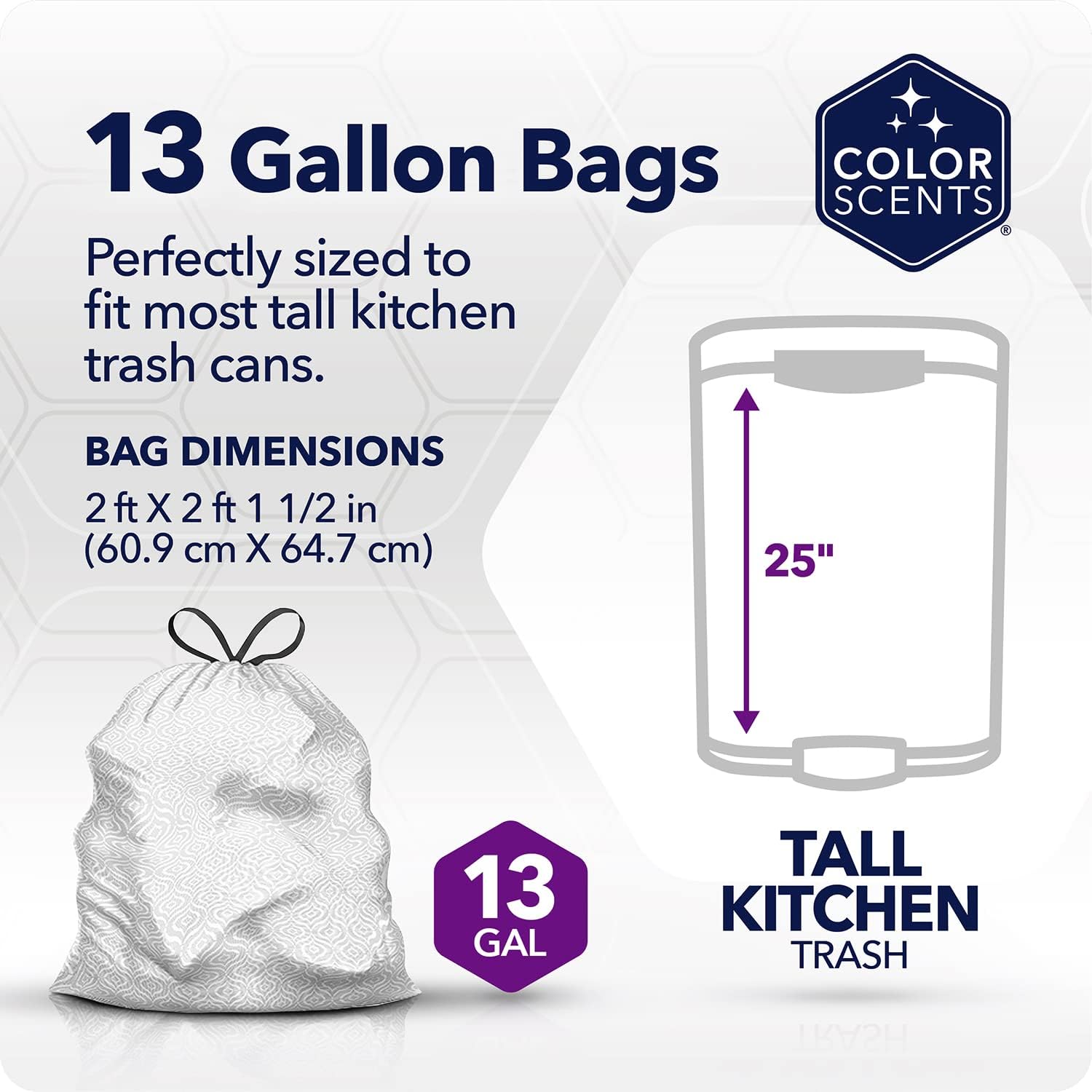 Color Scents Tall Kitchen Trash Bags - 13 Gallon, 20 Bags (5 Pack of 20 Count), Drawstring - Silver Bag in Simply Clean Scent with Microban